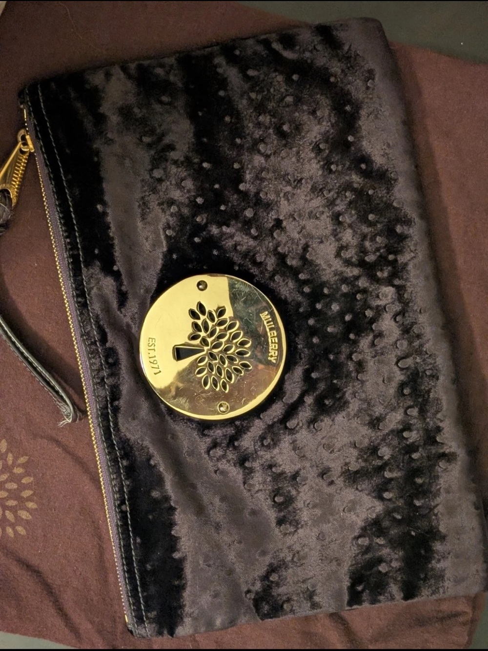 Mulberry Black Velvet Wristlet Clutch with Gold Tree Medallion